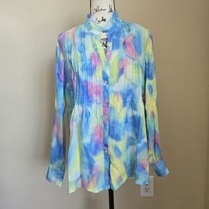 120 Lino Pintuck Linen Shirt Womens 42/S Colorful Pastel Long Sleeve